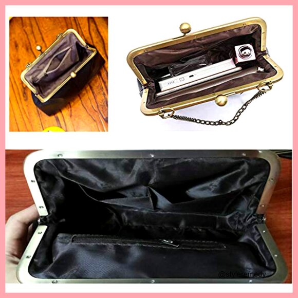 Women Small Vintage Chains Handbag - Pu Leather Kiss Lock  Vintage Kiss Lock Handbag - PU Leather Satchel with Chain Strap